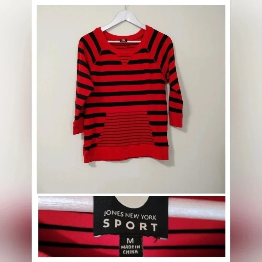 EUC Jones New York Sport tee Size Medium Red Black Striped Pocket
